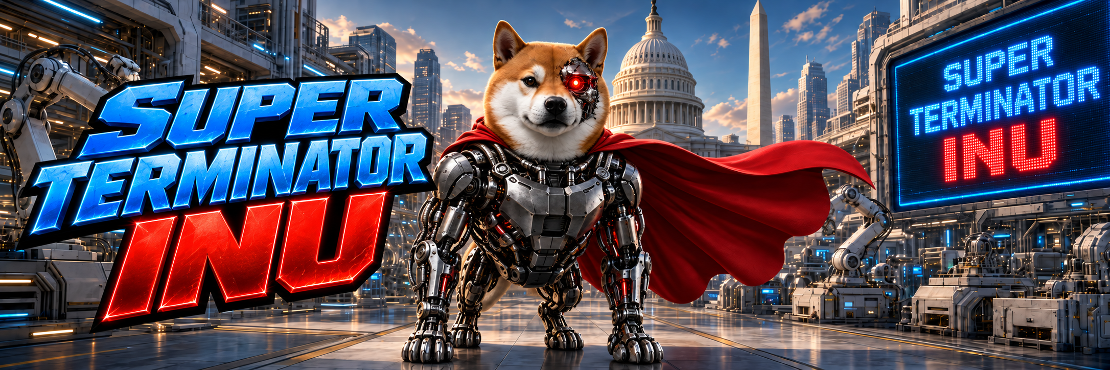 Super Terminator Inu standing in a futuristic city